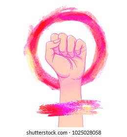 Women's March. Female hand with her fist raised up. Girl Power. Feminism concept. Realistic isolated vector illustration in pink hand drawn watercolor circle. Sticker, patch design. International 