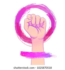 Women's March. Female hand with her fist raised up. Girl Power. Feminism concept. Realistic isolated vector illustration in pink hand drawn watercolor circle. Sticker, patch design. International 