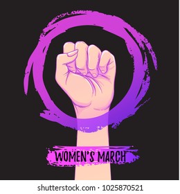 Women's March. Female hand with her fist raised up. Girl Power. Feminism concept. Realistic isolated vector illustration in pink hand drawn watercolor circle. Sticker, patch design. International 