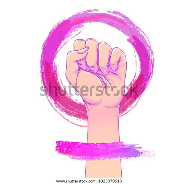 Frauenmarsch Weibliche Hand Mit Ihrer Faust Erhoben Girl Power Feminismus Konzept Realistische Einzelne Vektorgrafik In Rosafarbenem Handgezeichneten Wasserfarbkreis Aufkleber Pflaster Design Internationale