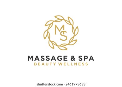 Women's massage and beauty spa design logo, luxury leaf ornament with M and S initial.