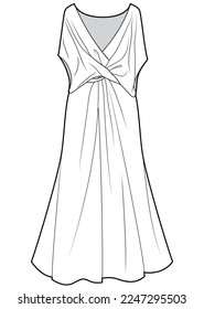 womens maxi cowl dress flat sketch technical cad drawing vector template