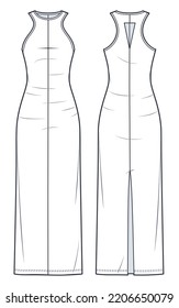 Women's maxi Dress technical fashion illustration. Jersey Dress fashion flat technical drawing template, fitted body, cutout, back slit, front and back view, white color, CAD mockup.