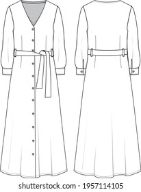 Women's Maxi Shirt Dress - Dress technical fashion illustration. Flat apparel dress template front and back, white colour. Women's CAD mock-up.