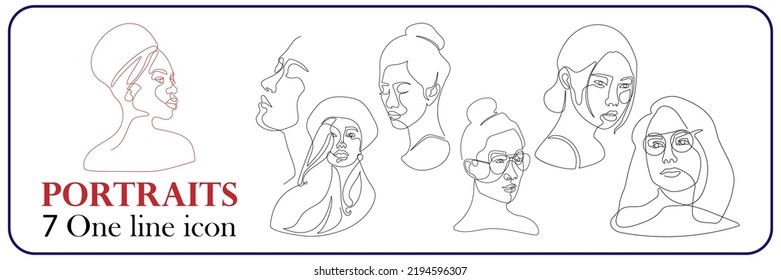 Women's Or Men Faces In One Line Art Style. Continuous Line Art In Elegant Style For Prints, Tattoos, Posters, Textile, Cards Etc. Beautiful Women Or Men Face Vector Illustration Set