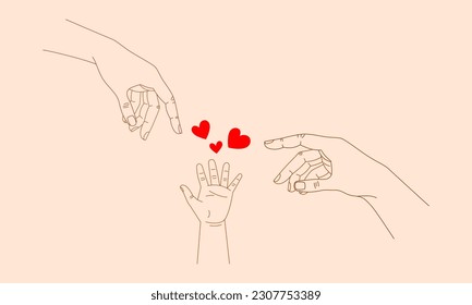 Women's, men's and children's hands reaching out to each other, sending love and hearts. Concept of  loving and caring family of mum, dad and baby. Vector illustration in linear, minimalist style. 