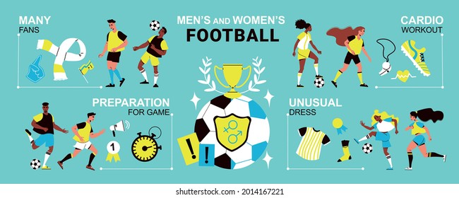 Womens and mens football flat infographics with players in uniform and sports equipment vector illustration