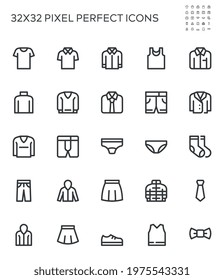 Women's and Men's Сlothing, Outdoor Recreation Apparel, Underwear. Simple Interface Icons for Mobile Apps. Editable Stroke. 32x32 Pixel Perfect.