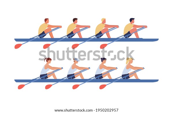 The women\'s and men\'s rowing teams sail in boats.\
Concept of competitions in academic rowing. Vector illustration in\
flat design.