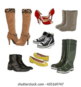 Women's and men's shoes. Warm and rubber boots. Vector.