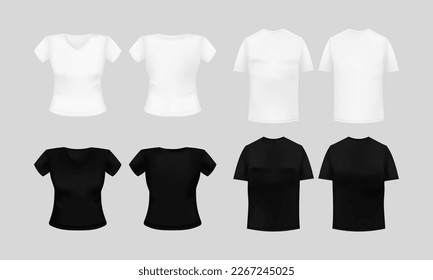 Womens and mens tshirt mockup template. Unisex black and white clothes back and front view for everyday wear and sports with quality design and vector cotton