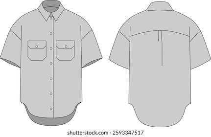 Women's Men's Unisex Short Sleeve Shirt Formal Wear Technical Drawing Fashion Flat Sketch Front and Back View. Vector illustration, template. CAD layout.