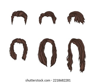 Womens And Mens Wigs Template Set. Fashion Hairstyles With Long And Short Hair Cut And Vector Styling