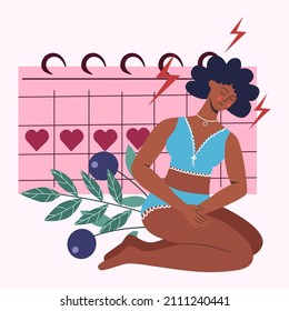 Women's menstrual calendar. African woman with abdominal pain from menstruation. Critical days. Vector illustration in cartoon style.