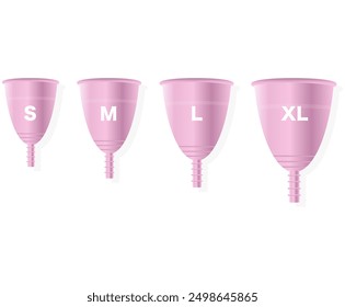 Conjunto de copa menstrual para mujer. Diferentes tamaños de taza S, M, L, XL. Ilustración vectorial.