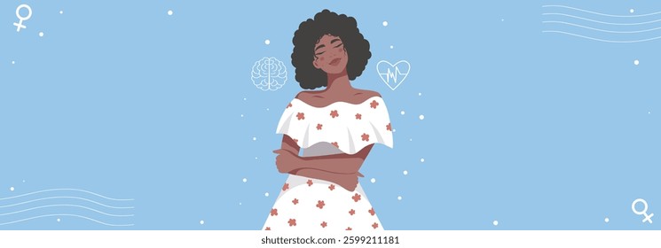 Women's mental health. African American woman in therapy hugging herself, harmony, calm heart and pure in thoughts. Vector illustration for Mental Health Day. Suitable for health and psychology 