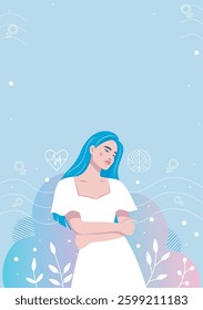 Women's mental health. Beautiful woman in therapy hugs herself and is in harmony, calm in heart and pure in thoughts. Vector illustration for Mental Health Day. For health and psychology projects