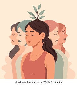 Women's Mental Health Day. Vector illustration of a woman with a tree sprout on her head, emotional silhouettes around symbolize the path to inner healing, self-awareness, emotional growth