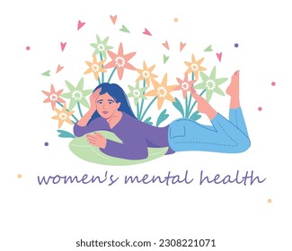 Women's mental health, the girl lies among the flowers on her stomach, in retreat and emotional calm.