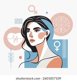 Women's mental health. International Women's Health Day. Abstract portrait of woman with heart and brain, clear mind, health care. Vector illustration for health and psychology projects