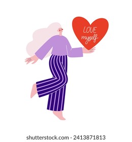 Women's mental health. Self love and self acceptance. Mental health concept. Happy woman with a heart in her hand. St Valentine Day celebration illustration