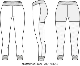 womens mesh tight capri pant flat sketch front and back view vector illustration