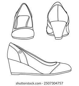 Women's Mid Wedge Heel Pump Shoes Line art,Technical sketch hand drawing outline vector doodle illustration front, side and rear view isolated on white background