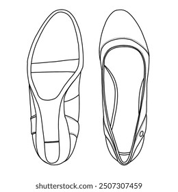 Women's Mid Wedge Heel Pump Shoes Line art,Technical sketch hand drawing outline vector doodle illustration top and bottom view isolated on white background