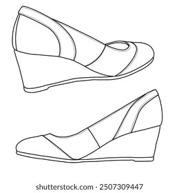 Women's Mid Wedge Heel Pump Shoes Line art,Technical sketch hand drawing outline vector doodle illustration isometric and side view isolated on white background