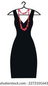 Women's midi dress. Black cocktail dress on a hanger. Vector illustration, silhouette. Festive clothes without sleeves of a direct cut.