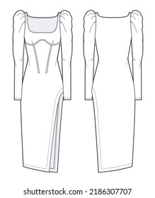 Plantilla de dibujo técnico plano de moda de la vestimenta Midi de las mujeres. Vestido midi vespertino con ilustración plana de moda corsé, mangas de puff, parte lateral, cuello cuadrado, vista frontal y trasera, blanco, maquillaje CAD.