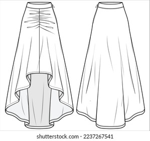 Women's midi length high low Skirt flat sketch fashion illustration with front and back view
