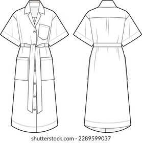 Women's midi shirt dress fashion vector sketch, Apparel template 