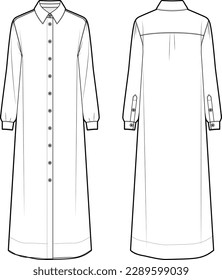 Women's midi shirt dress fashion vector sketch, Apparel template 