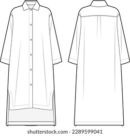 Women's midi shirt dress fashion vector sketch, Apparel template 