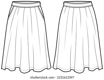 womens midi skirt flat sketch vector illustration front and back view technical cad drawing template