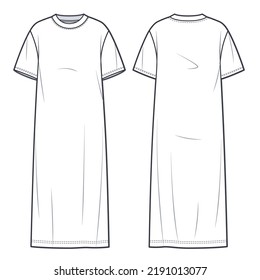 Women's midi Sweat Dress technical fashion illustration. Tee Dress fashion flat template, oversize, front and back view, white colour, CAD mockup.