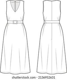 Women's Midi-Dress fashion vector sketch, Apparel template