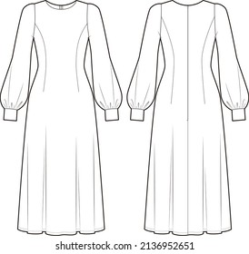 Women's Midi-Dress fashion vector sketch, Apparel template