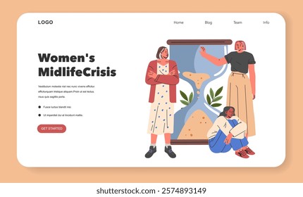 Women's Midlife Crisis concept illustrated with diverse female figures and a metaphorical hourglass. Reflects the emotional journey during transition. Vector illustration.