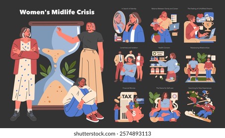 Women's Midlife Crisis concept. Illustration captures challenges, identity quest, and life balance struggles. Career, family, health, and self-care transition themes. Vector illustration.