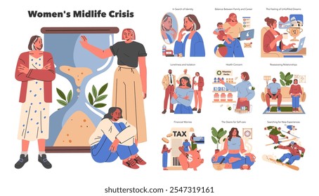 Women's Midlife Crisis set. Illustration of personal growth challenges and pivotal moments women face in midlife. Identity, relationship, finance, and well-being themes. Vector illustration.