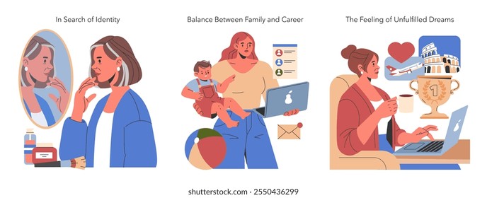 Conjunto de crisis de mediana edad de las mujeres. Reflejo del crecimiento personal, la armonía entre el trabajo y la vida y las aspiraciones. Evolucionar la identidad propia, equilibrar la maternidad con la carrera, anhelar metas. Ilustración vectorial.