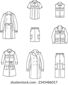 Women's military clothing  Trench coat  dress  shirt  skirt  coat  vest  jacket  pants  Set  Fashion CAD  Vector illustration 