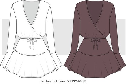 Women's Mini Boho Dress technical fashion drawing, Illustration. Mini Dress vector. Front view, CAD, Mockup.