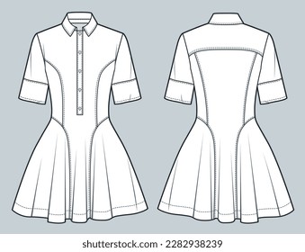 Women's mini Dress technical fashion Illustration. Short Sleeve Dress technical drawing template, slim fit, button-up, front and back view, white color, women CAD mockup.