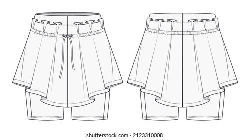 Womens Mini Skirt fashion design flat template. Girls Skirt fashion technical drawing template. Sports wear fashion dasign set template. 