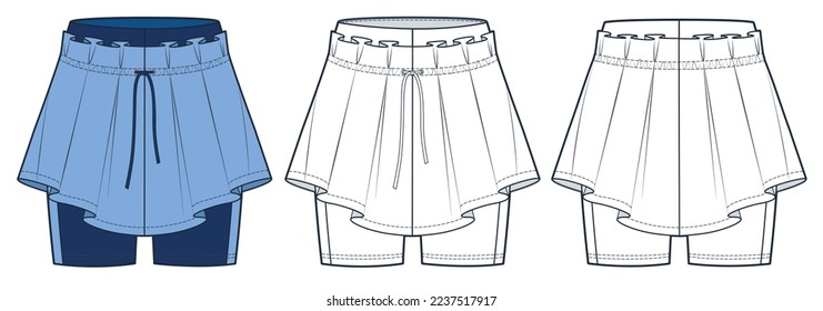 Mini falda femenina, ilustración de moda técnica de cortas piernas, diseño azul. Tennis Skirt moda planas de dibujo técnico, vista frontal y trasera, color blanco, maquillaje CAD femenino.