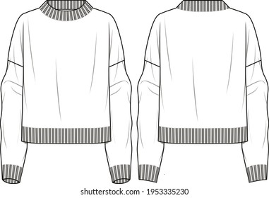 Women's Mock Neck Basic Sweater- Sweater technical fashion illustration. Flat apparel sweater template front and back, white colour. Women's CAD mock-up.