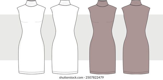 Women's mock neck body con midi dress front and back view technical flat drawing vector template. Dress technical fashion illustration. 